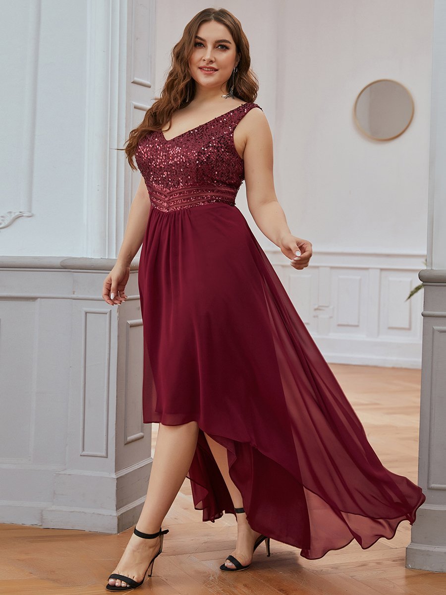 Robes de soirée sexy en mousseline de soie maxi haut-bas avec paillettes #Couleur_Bordeaux