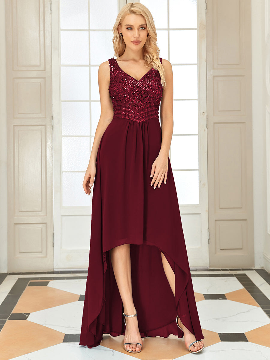 Robes de soirée sexy en mousseline de soie maxi haut-bas avec paillettes #Couleur_Bordeaux