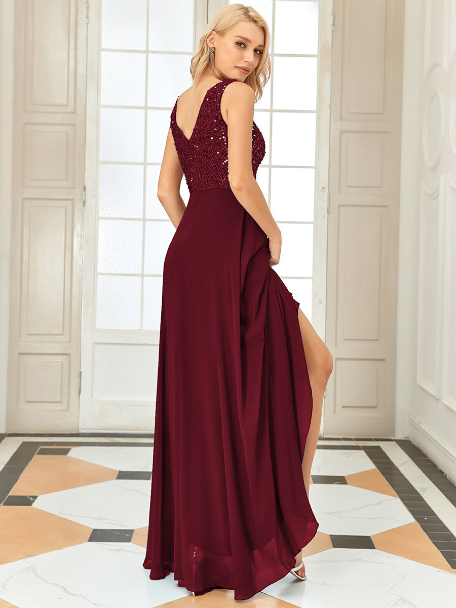 Robes de soirée sexy en mousseline de soie maxi haut-bas avec paillettes #Couleur_Bordeaux