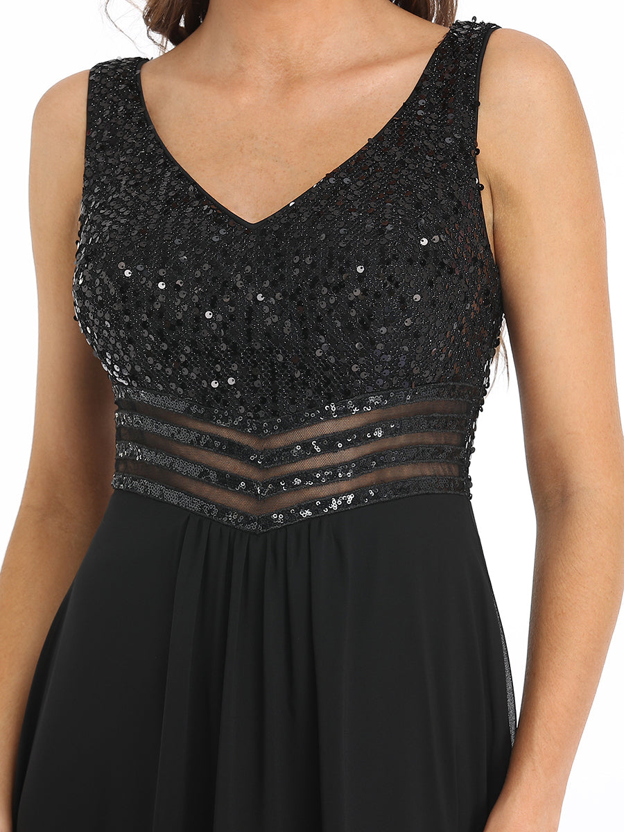 Robes de soirée sexy en mousseline de soie maxi haut-bas avec paillettes #Couleur_Noir