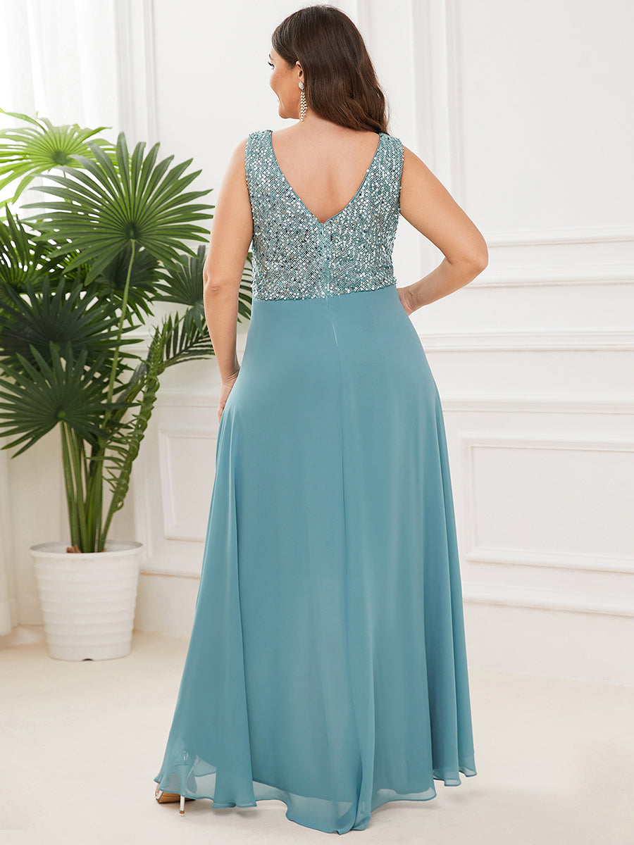 Robe de Soirée Grande Taille élégante à Paillette en Mousseline #Couleur_Bleu Fume