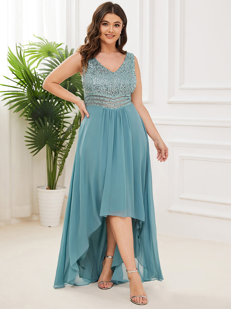 Robes de soirée sexy en mousseline de soie maxi haut-bas avec paillettes #Couleur_Bleu Fume