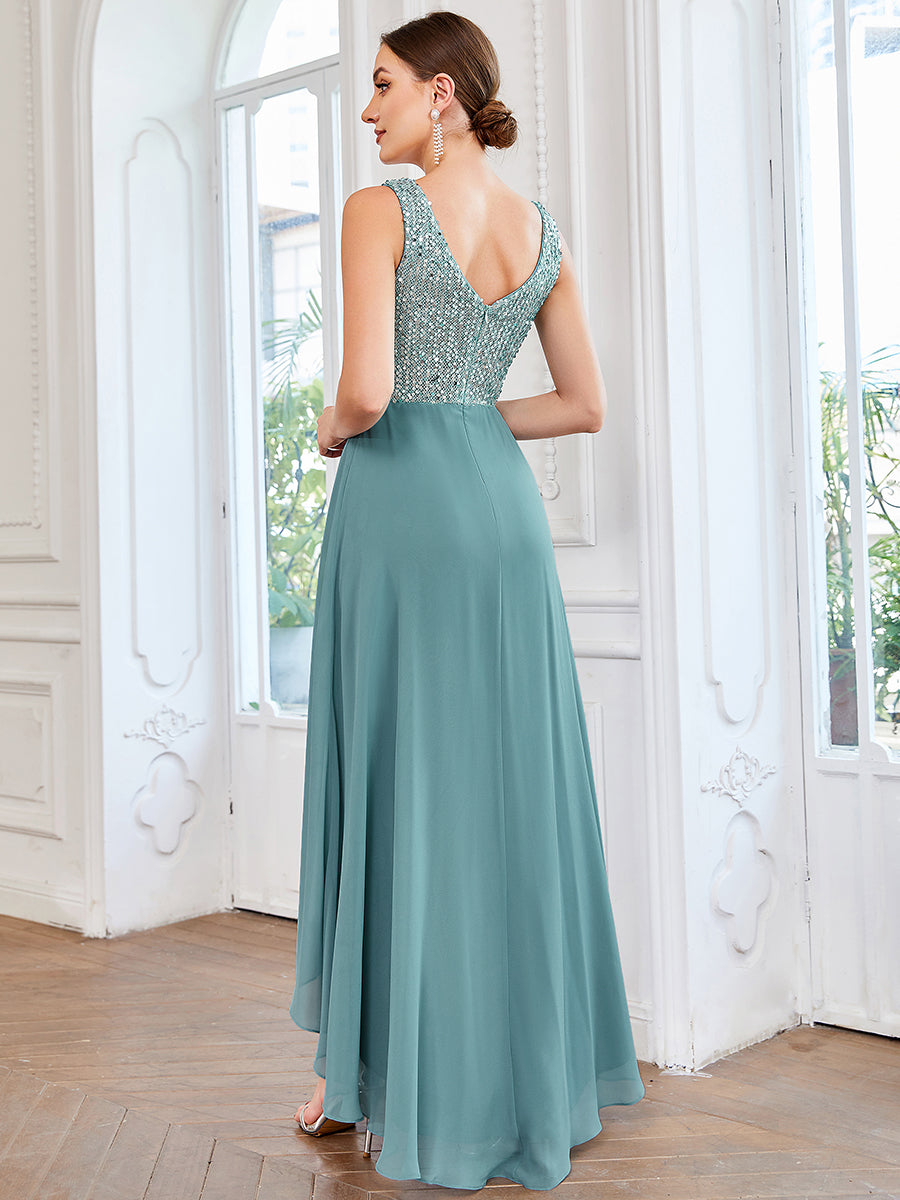 Robes de soirée sexy en mousseline de soie maxi haut-bas avec paillettes #Couleur_Bleu Fume