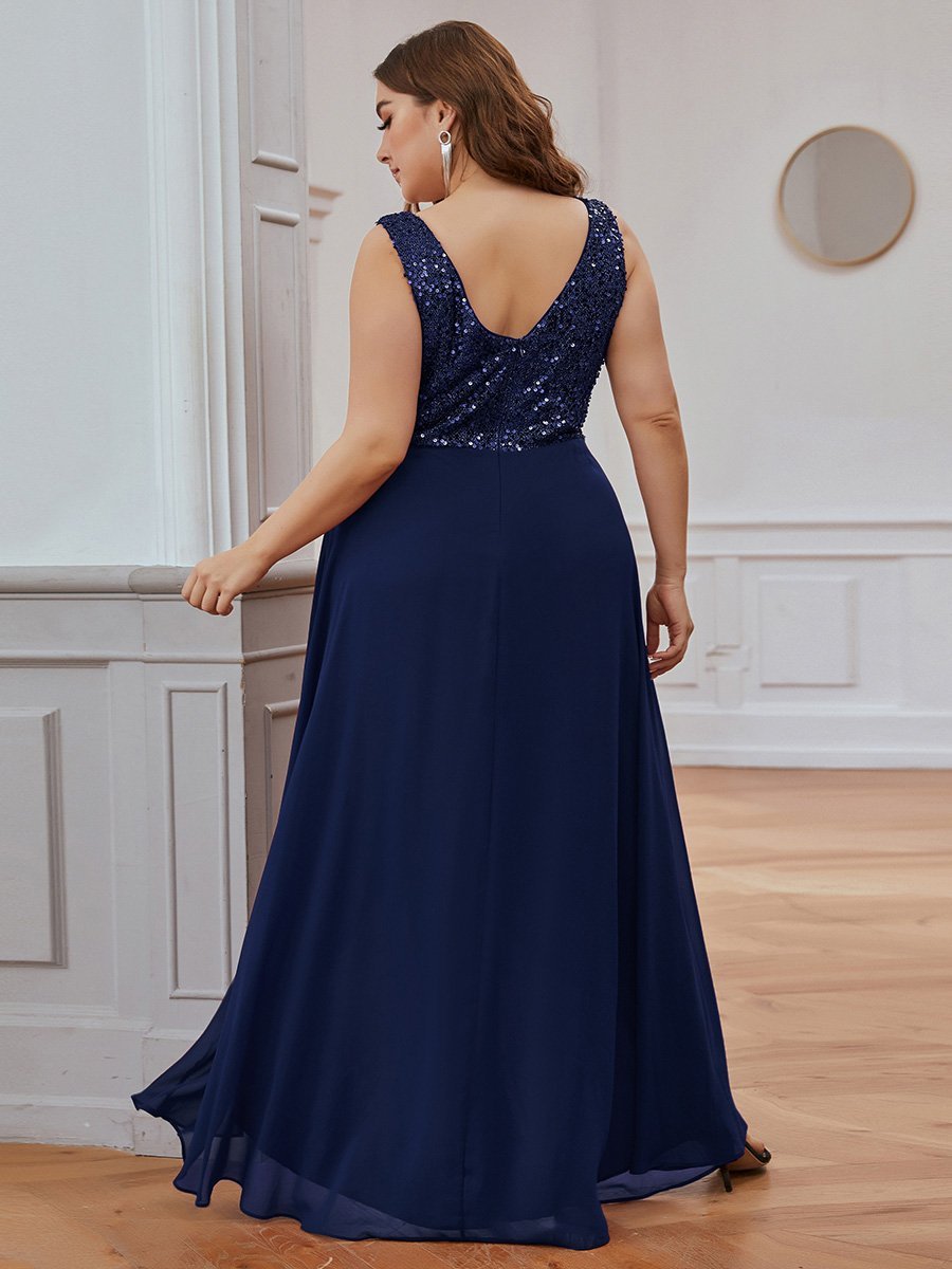 Robes de soirée sexy en mousseline de soie maxi haut-bas avec paillettes #Couleur_Bleu Marine