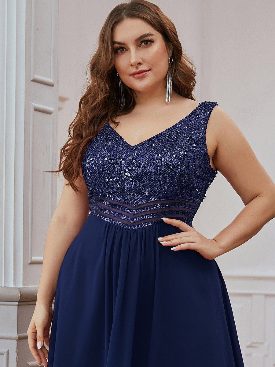 Robes de soirée sexy en mousseline de soie maxi haut-bas avec paillettes #Couleur_Bleu Marine