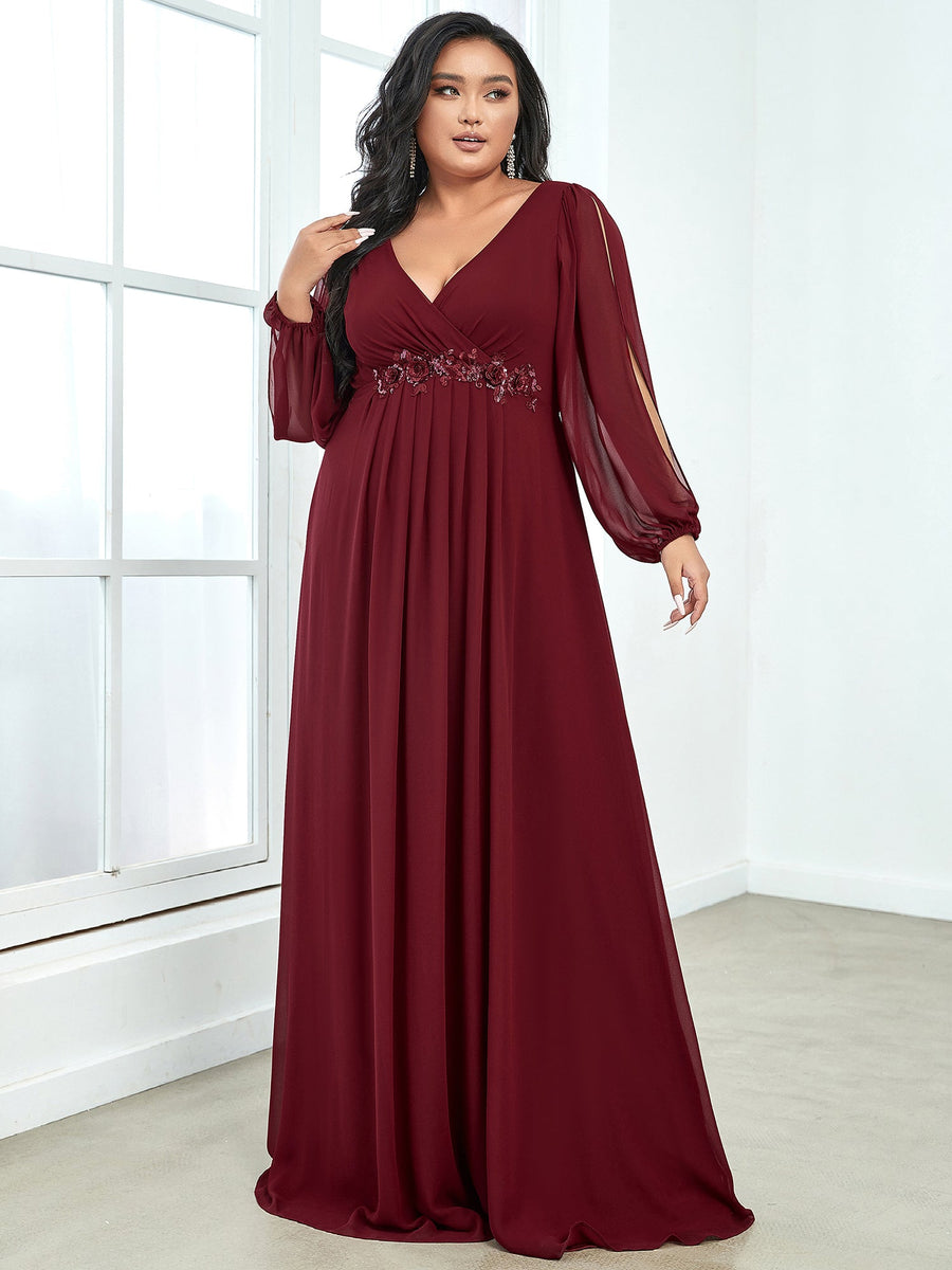 Robes de soirée élégantes en mousseline de soie grande taille avec manches longues en lanterne #Couleur_Bordeaux