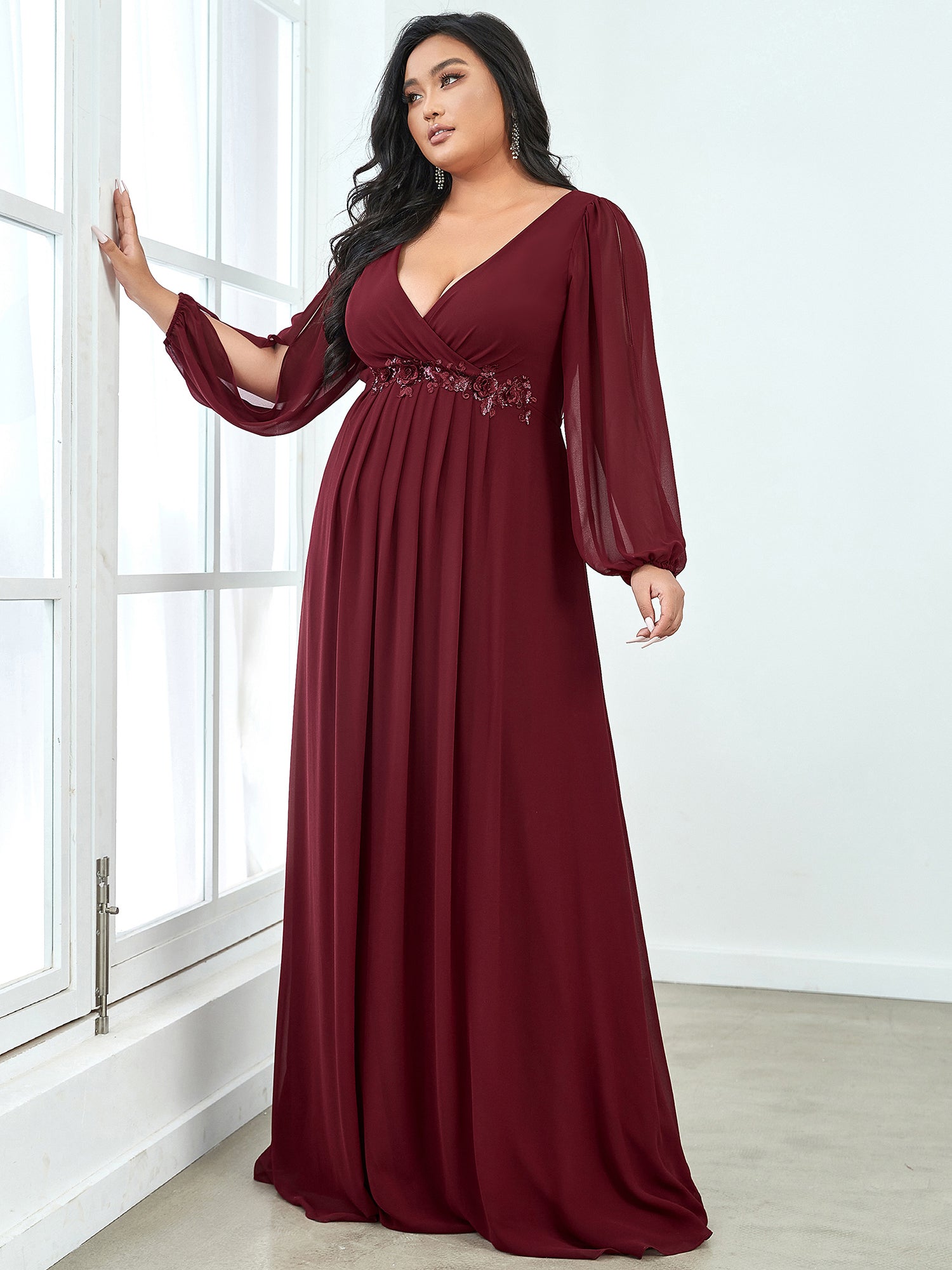 Robes de soirée élégantes en mousseline de soie grande taille avec manches longues en lanterne #Couleur_Bordeaux