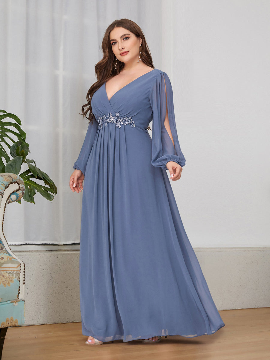 Robes de soirée élégantes en mousseline de soie grande taille avec manches longues en lanterne #Couleur_Marine Fume