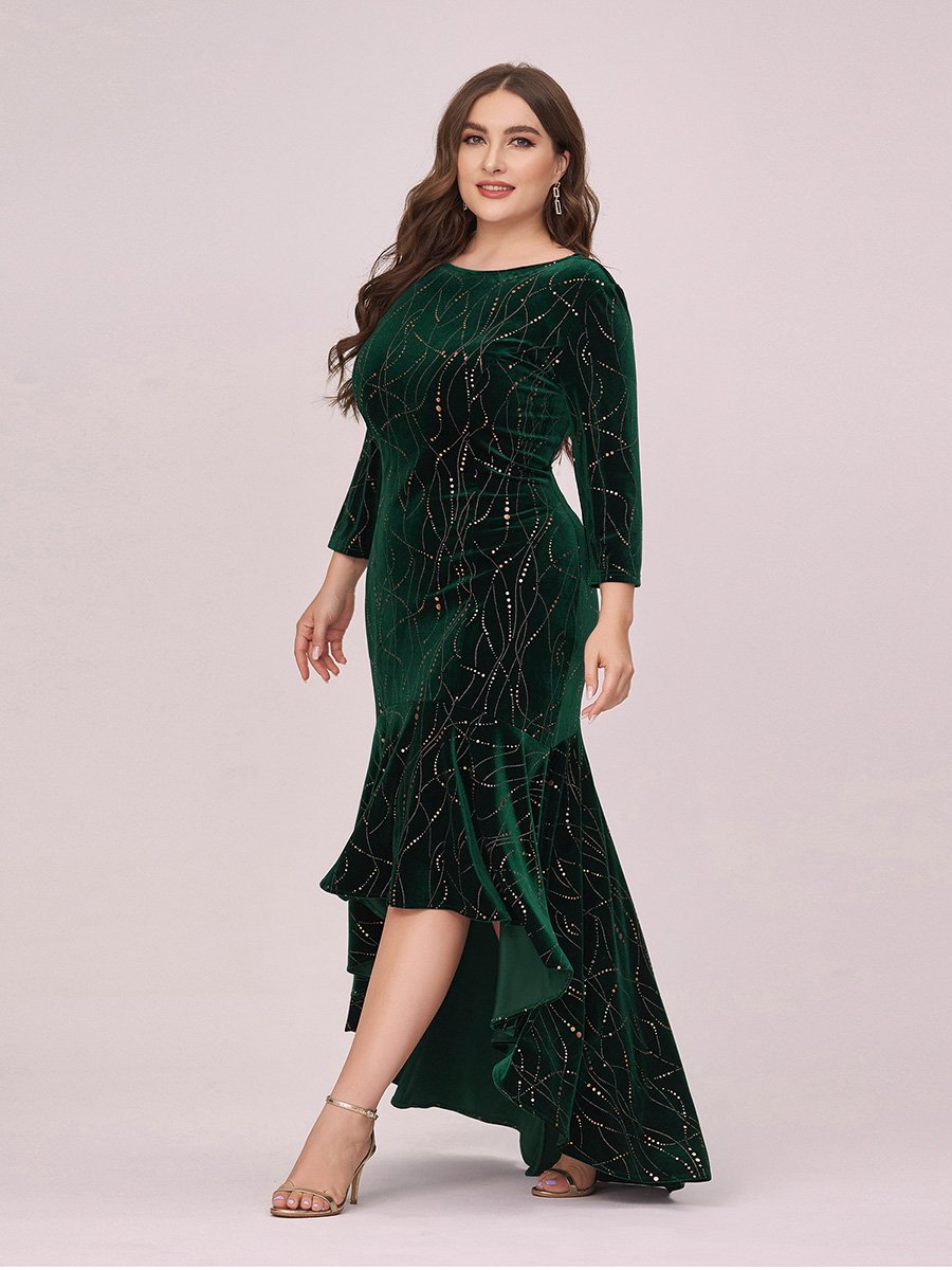 Robe de Soirée Empire Grande Taille Moulante et Asymétrique en Velours #Couleur_Vert Fonce