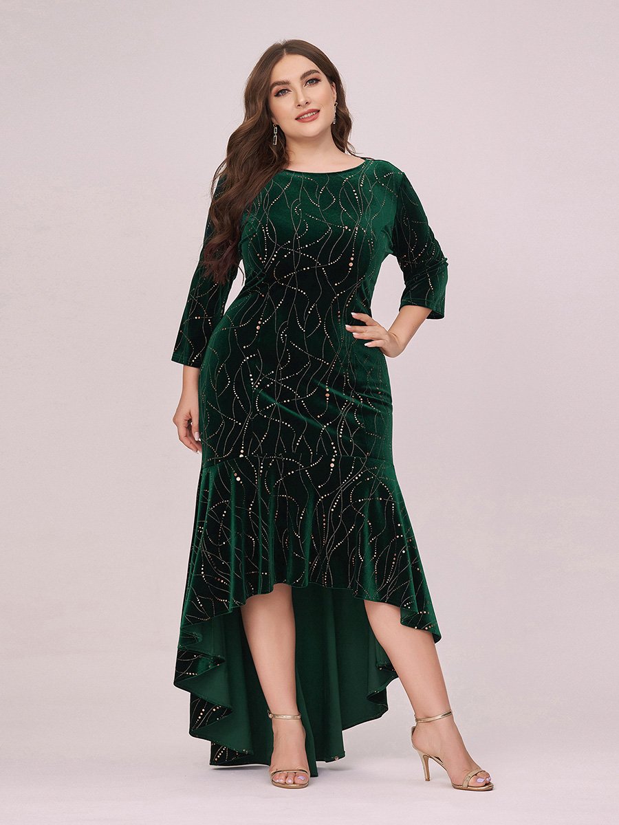 Robe de Soirée Empire Grande Taille Moulante et Asymétrique en Velours #Couleur_Vert Fonce