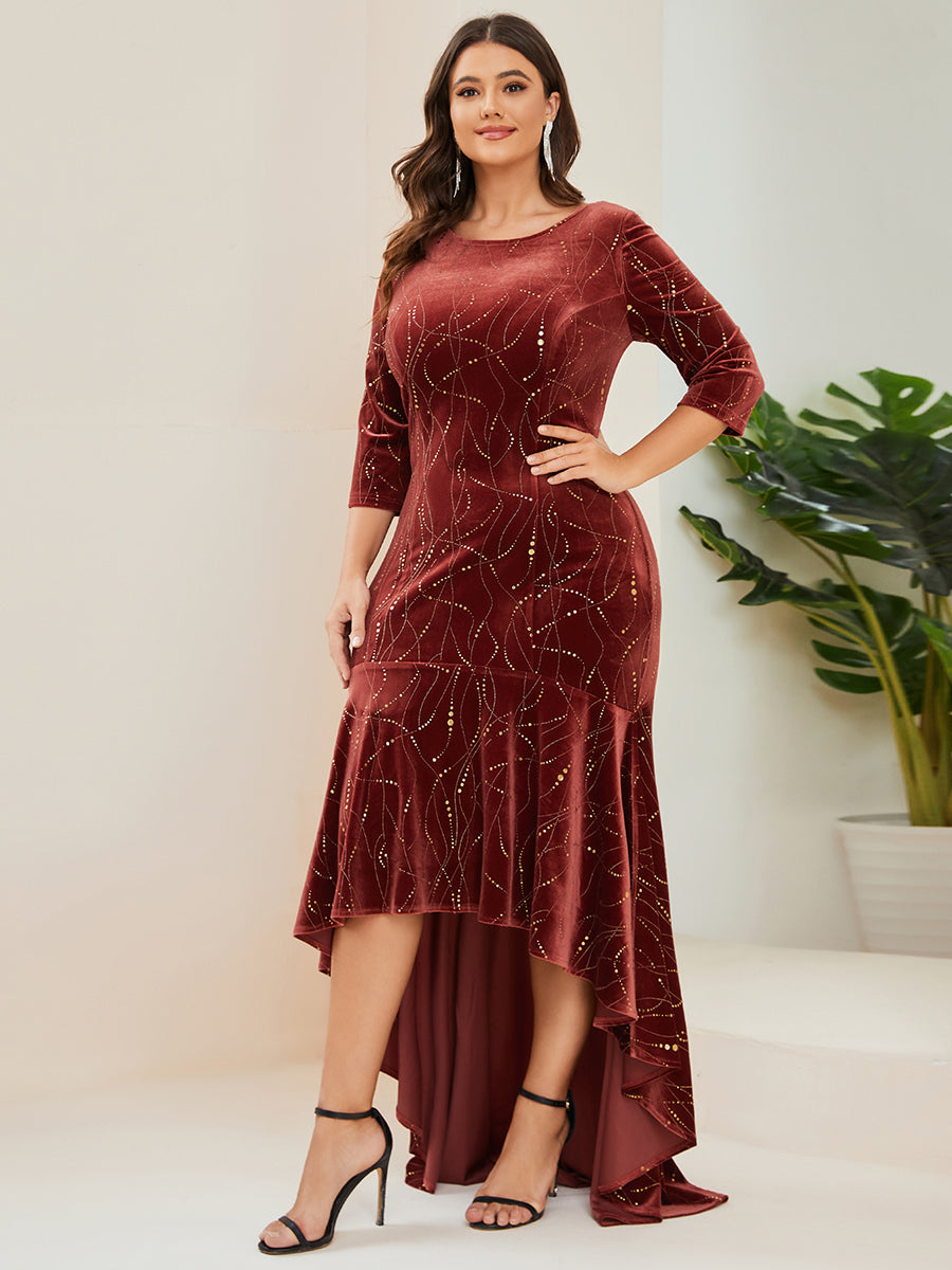 Robe de Soirée Empire Grande Taille Moulante et Asymétrique en Velours #Couleur_Rouge Brique