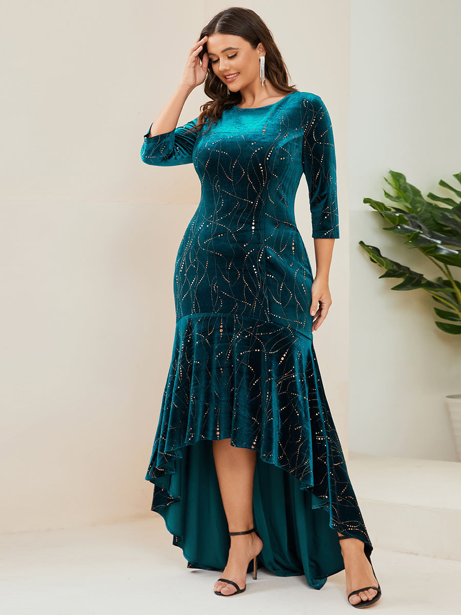 Robe de Soirée Empire Grande Taille Moulante et Asymétrique en Velours #Couleur_Bleu Sarcelle