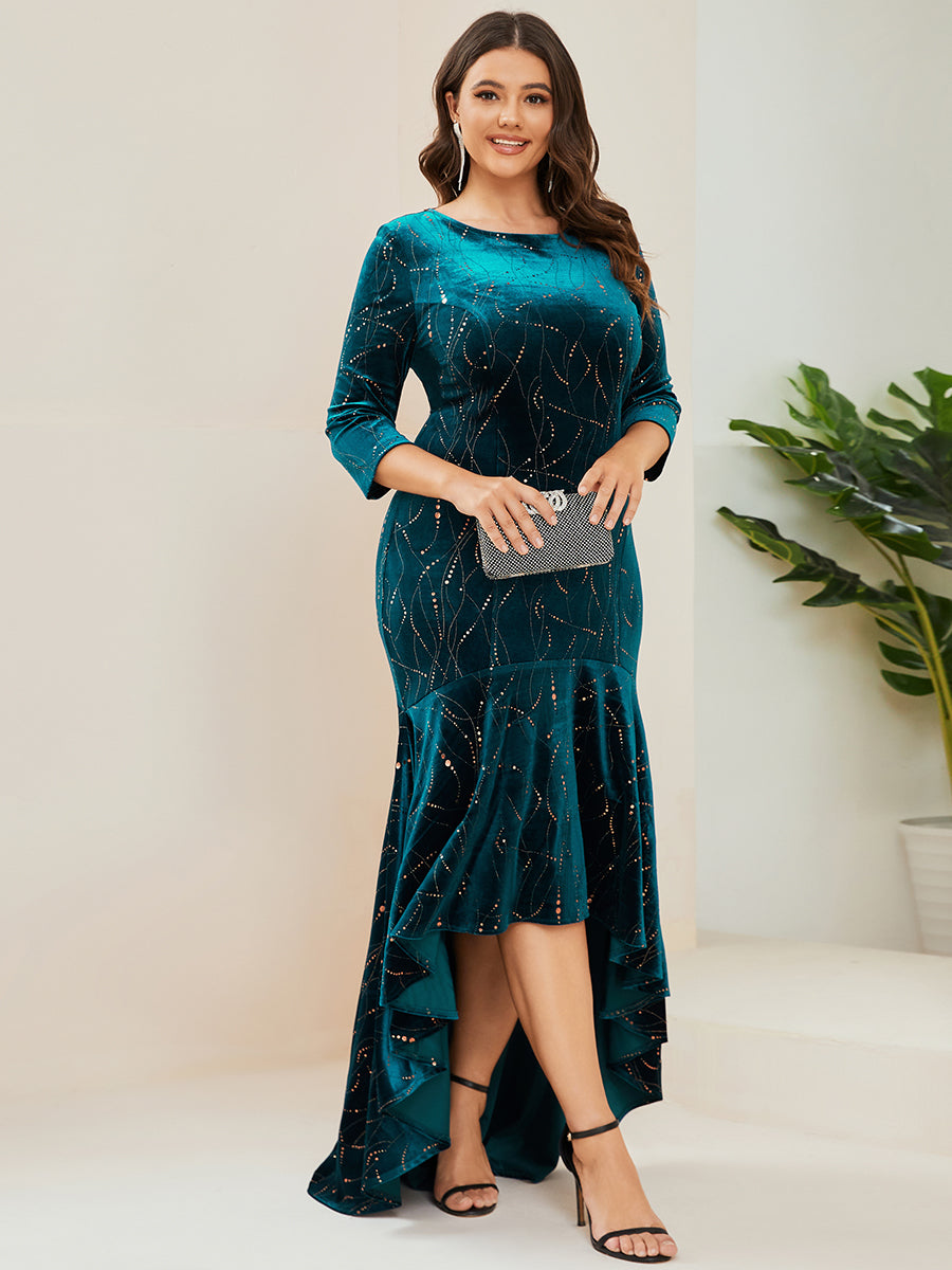 Robe de Soirée Empire Grande Taille Moulante et Asymétrique en Velours #Couleur_Bleu Sarcelle