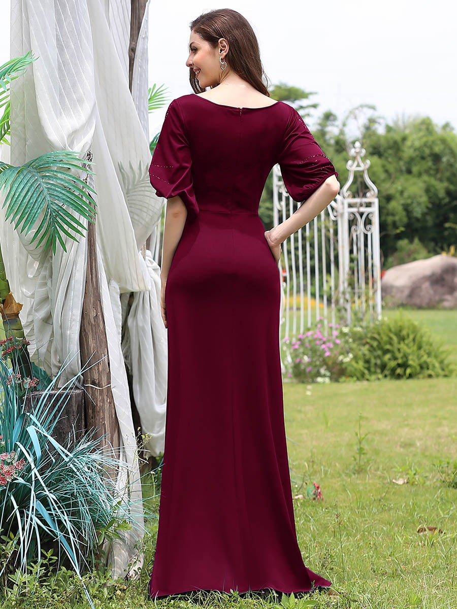 Robe de Soirée Longue Chic à Col Rond et Demi Manches #Couleur_Bordeaux