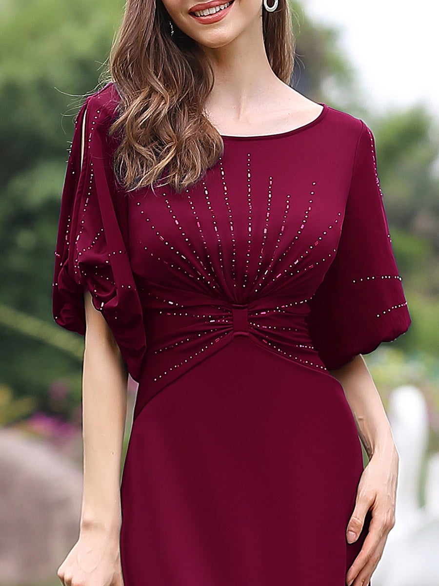 Robe de Soirée Longue Chic à Col Rond et Demi Manches #Couleur_Bordeaux