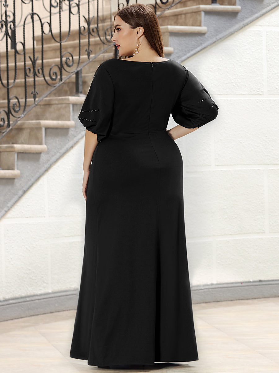 Robe de Soirée Longue Chic à Col Rond et Demi Manches #Couleur_Noir