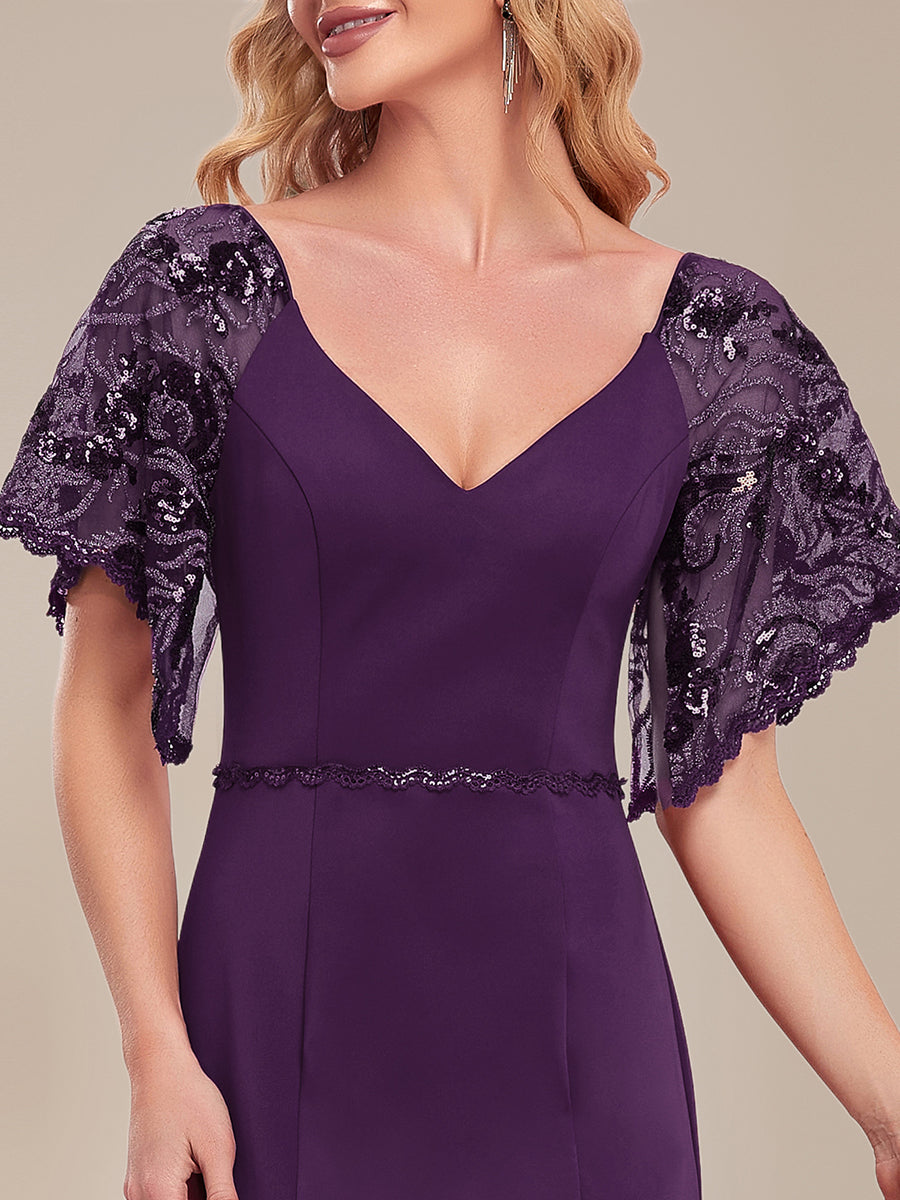 Robe de Soirée Sirène Moulante Sexy à Col en V et Manches évasée #Couleur_Violet Fonce