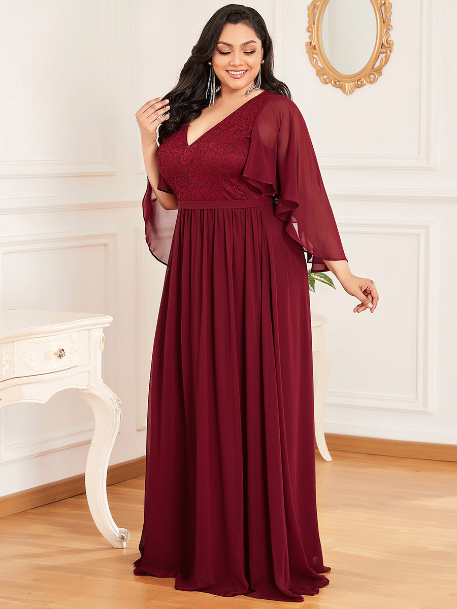 Robe de Soirée Grande Taille à Col en V Profond avec Dentelle #Couleur_Bordeaux