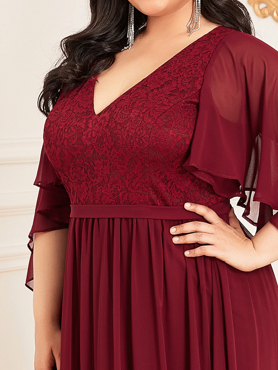 Robe de Soirée Grande Taille à Col en V Profond avec Dentelle #Couleur_Bordeaux