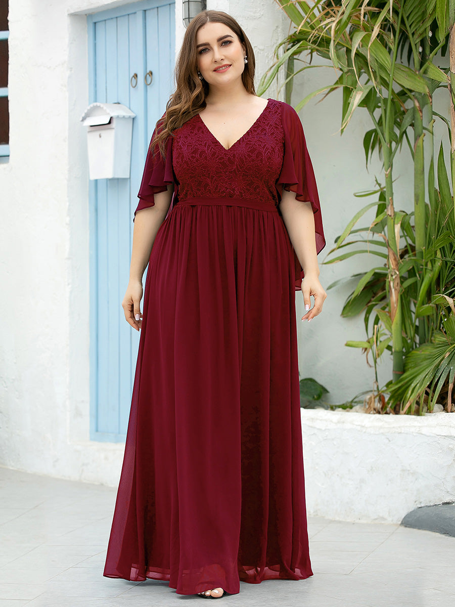 Robe de Soirée Grande Taille à Col en V Profond avec Dentelle #Couleur_Bordeaux