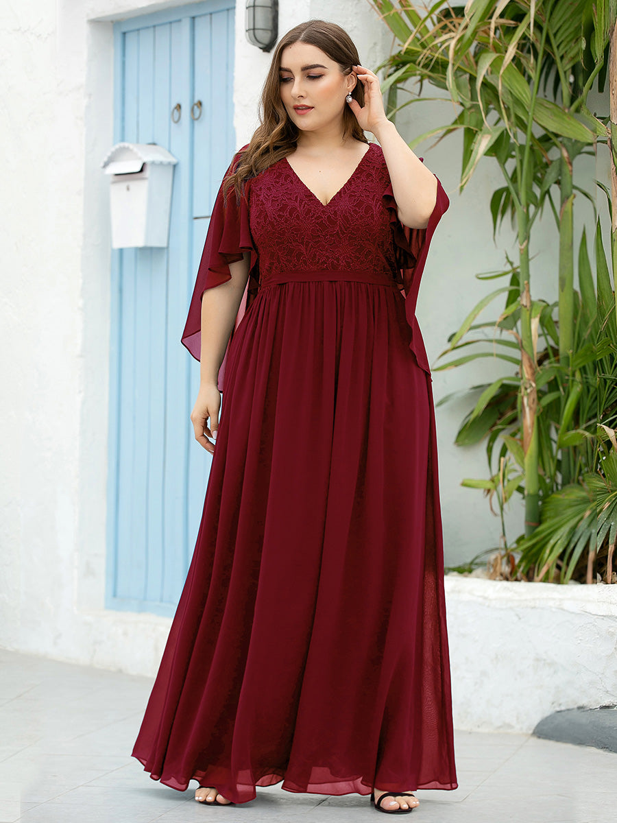 Robe de Soirée Grande Taille à Col en V Profond avec Dentelle #Couleur_Bordeaux