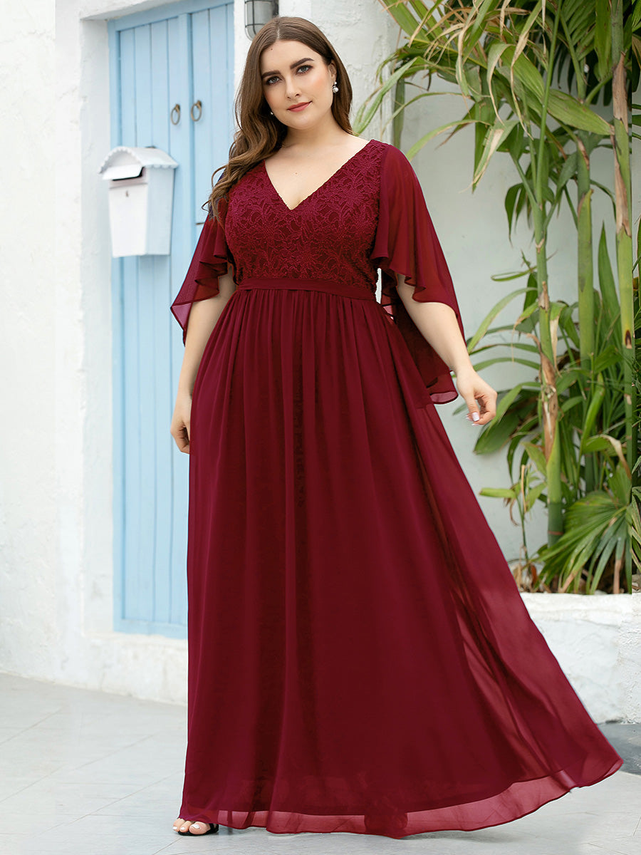 Robe de soirée élégante en mousseline de soie à col en V profond #Couleur_Bordeaux