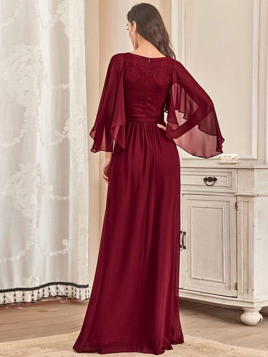 Robe de soirée élégante en mousseline de soie à col en V profond #Couleur_Bordeaux