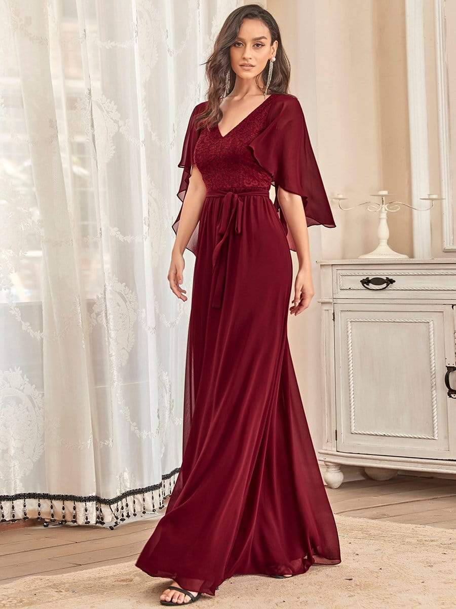 Robe de soirée élégante en mousseline de soie à col en V profond #Couleur_Bordeaux