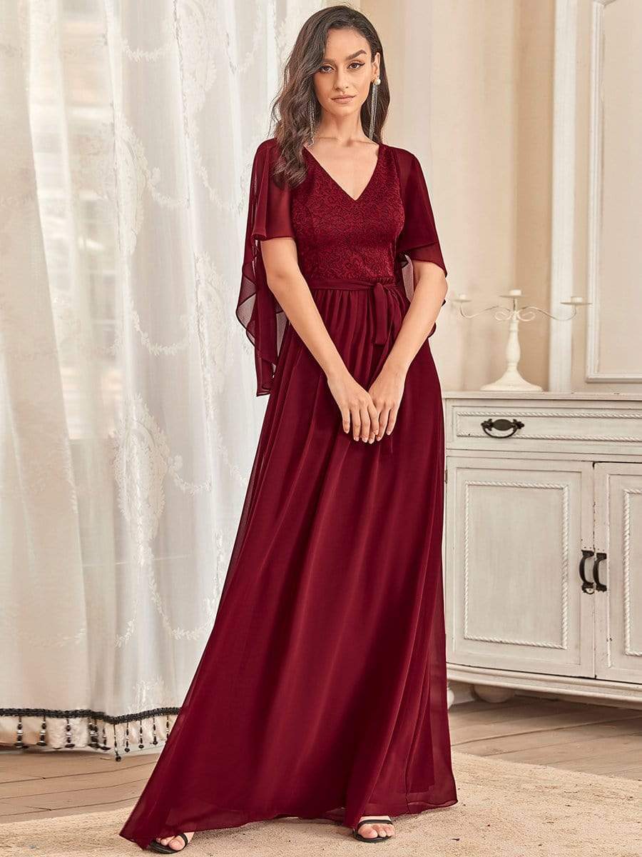 Robe de soirée élégante en mousseline de soie à col en V profond #Couleur_Bordeaux