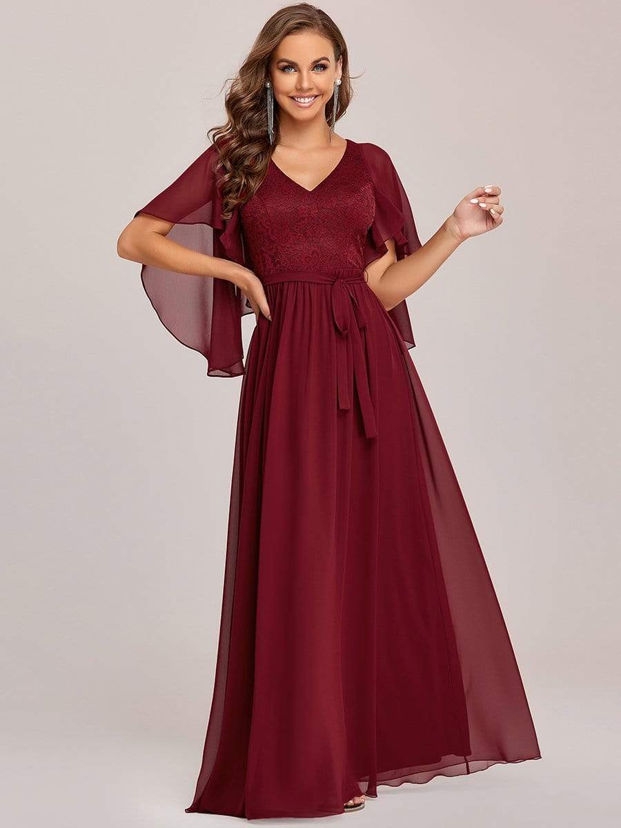 Robe de soirée élégante en mousseline de soie à col en V profond #Couleur_Bordeaux