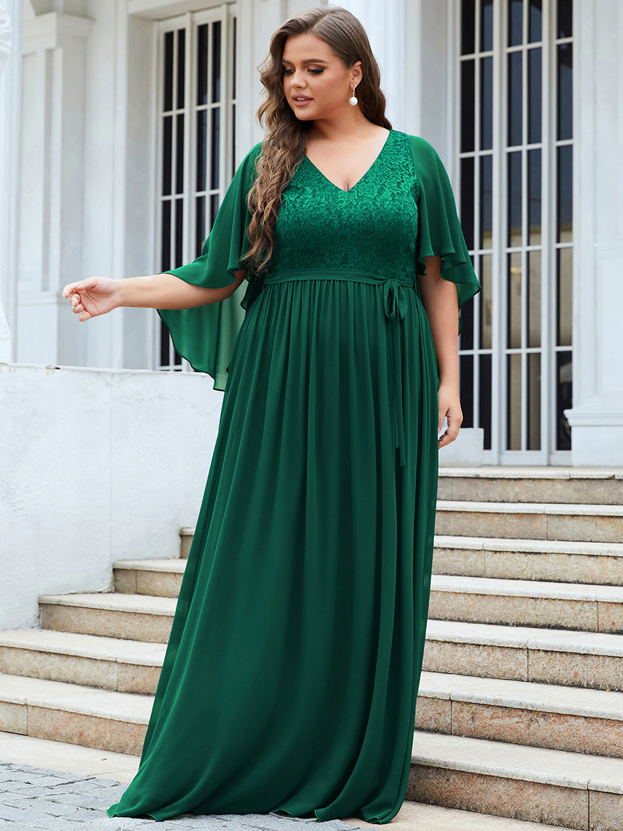 Robe de Soirée Grande Taille à Col en V Profond avec Dentelle #Couleur_Vert Fonce