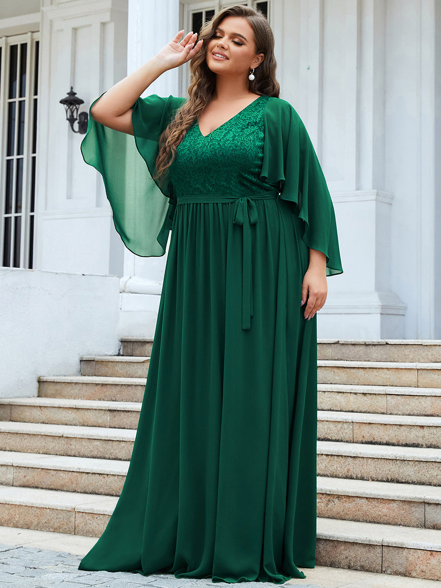 Robe de Soirée Grande Taille à Col en V Profond avec Dentelle #Couleur_Vert Fonce