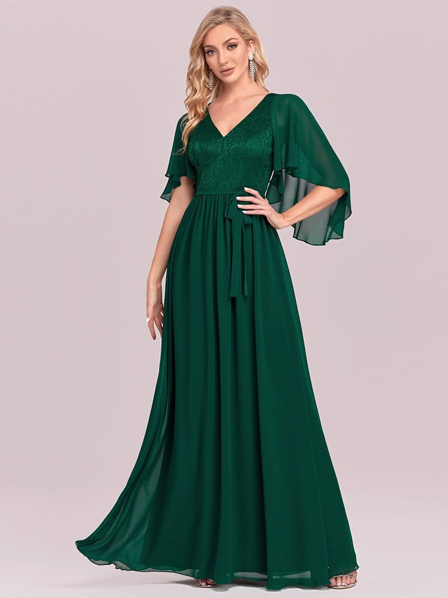 Robe de soirée élégante en mousseline de soie à col en V profond #Couleur_Vert Fonce