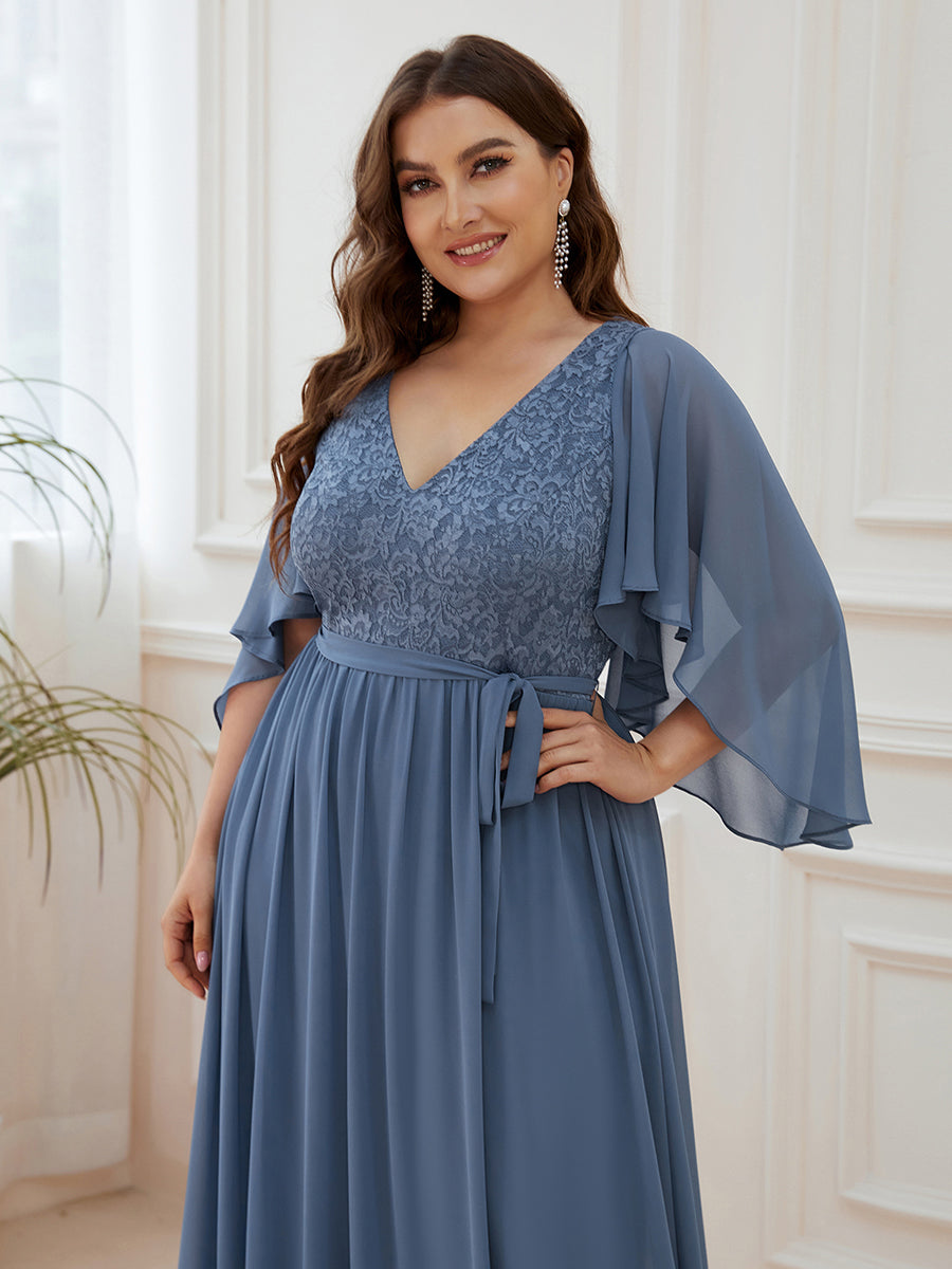 Robe de Soirée Grande Taille à Col en V Profond avec Dentelle #Couleur_Marine Fume