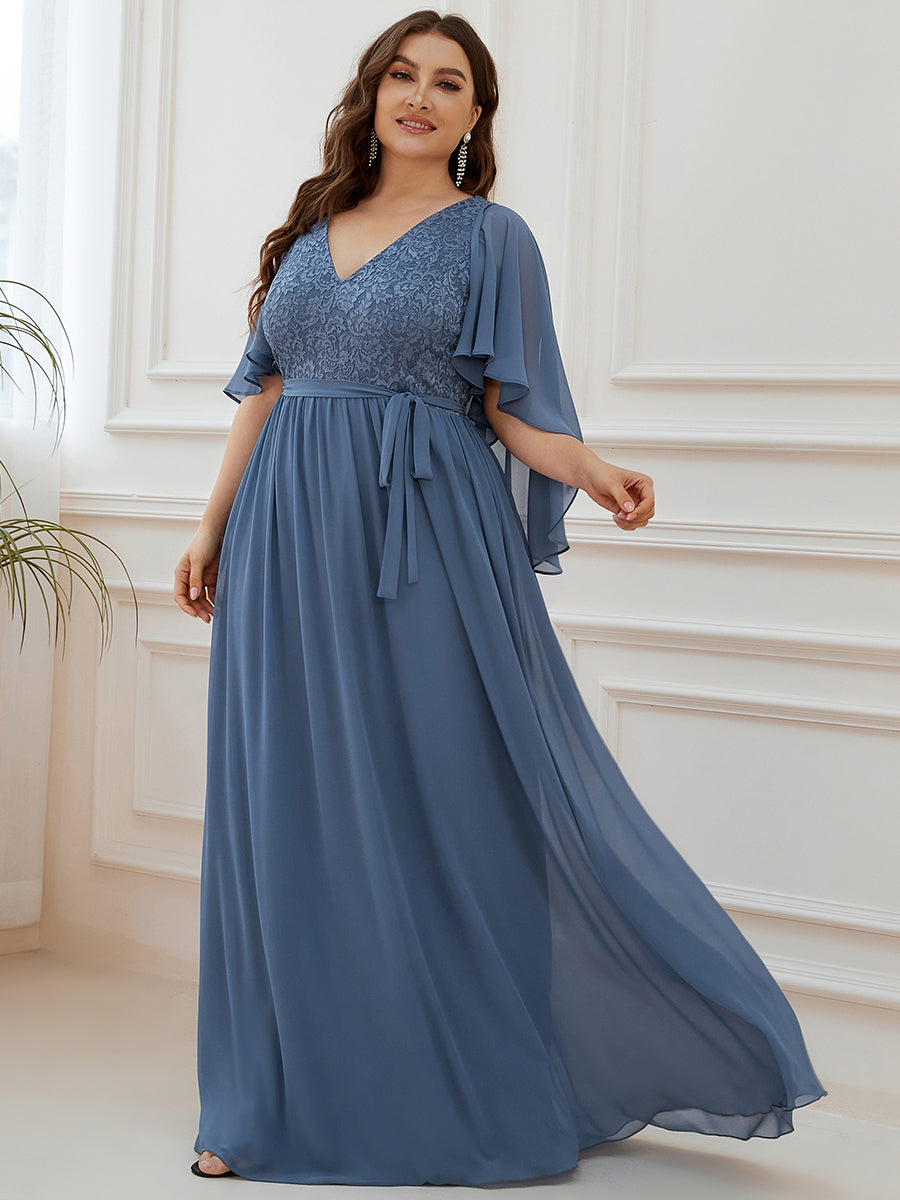 Robe de Soirée Grande Taille à Col en V Profond avec Dentelle #Couleur_Marine Fume