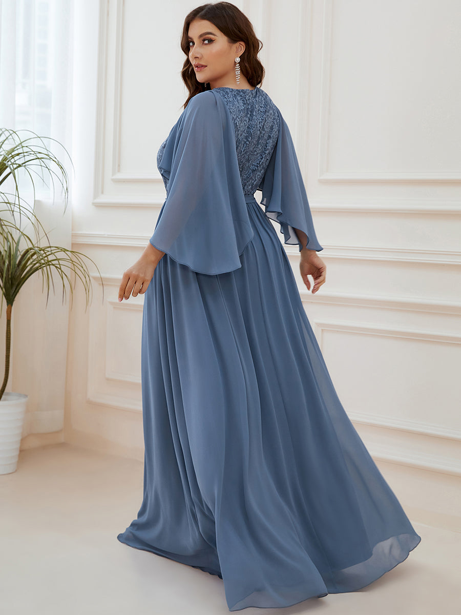 Robe de Soirée Grande Taille à Col en V Profond avec Dentelle #Couleur_Marine Fume