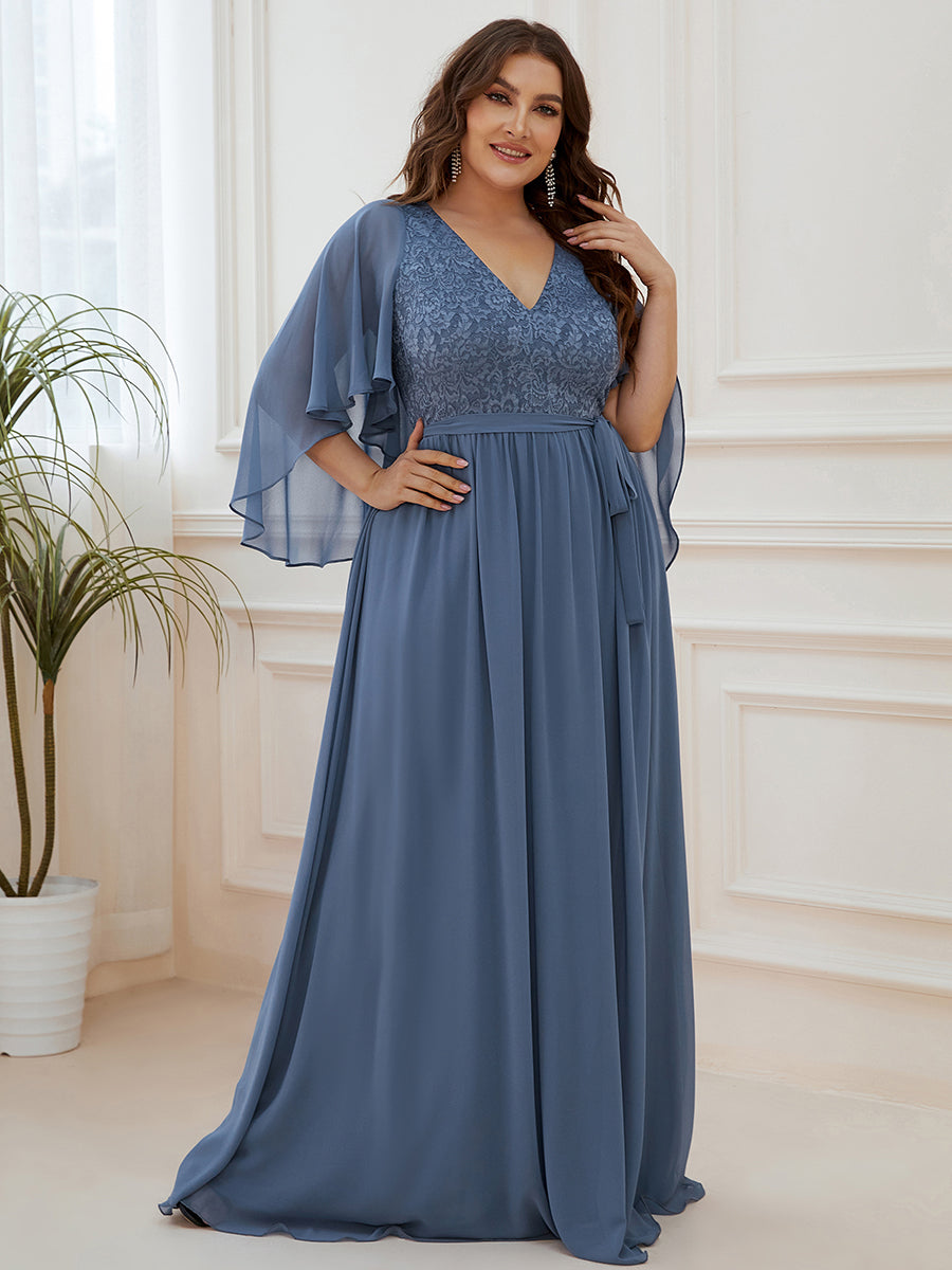 Robe de Soirée Grande Taille à Col en V Profond avec Dentelle #Couleur_Marine Fume