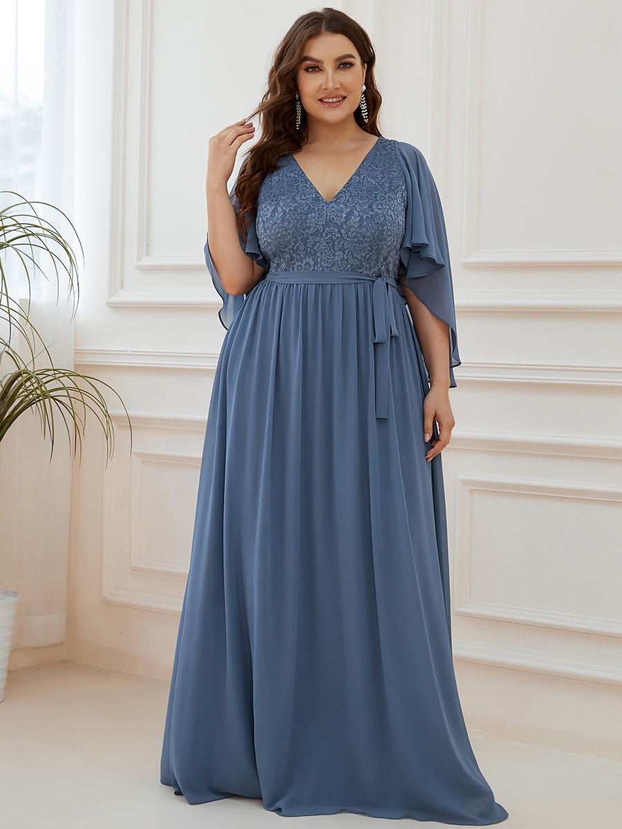 Robe de Soirée Grande Taille à Col en V Profond avec Dentelle #Couleur_Marine Fume