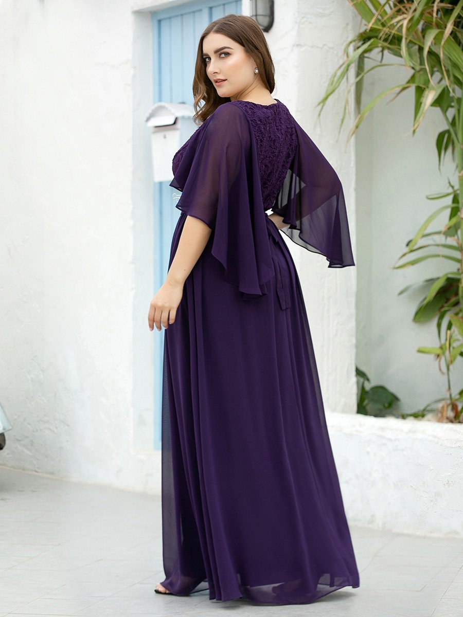 Robe de Soirée Grande Taille à Col en V Profond avec Dentelle #Couleur_Violet Fonce