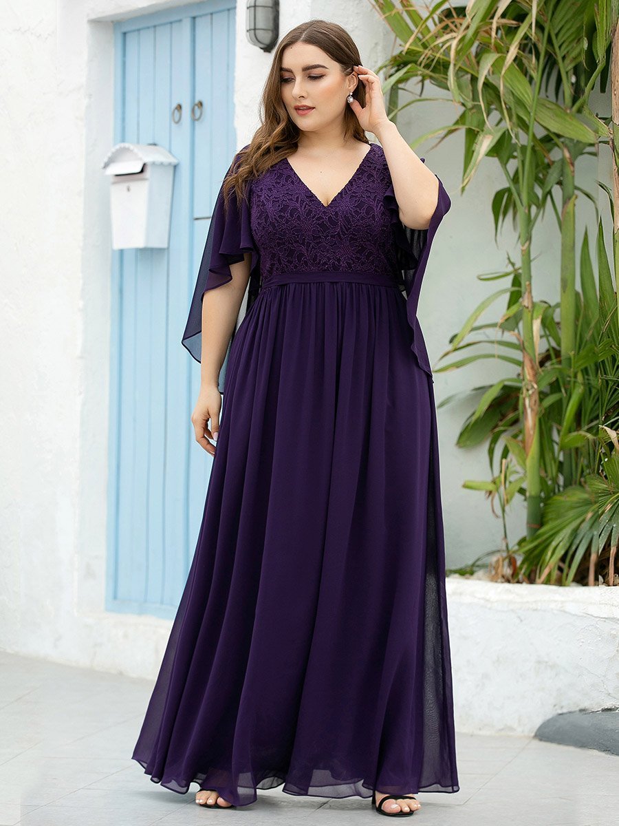 Robe de Soirée Grande Taille à Col en V Profond avec Dentelle #Couleur_Violet Fonce