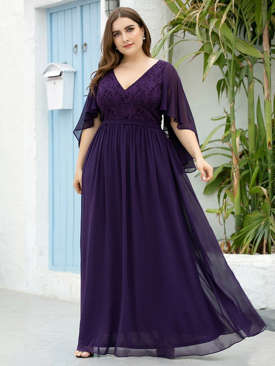 Robe de Soirée Grande Taille à Col en V Profond avec Dentelle #Couleur_Violet Fonce