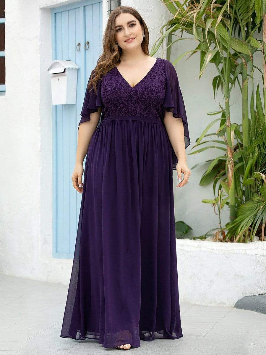 Taille personnalisée Robe de soirée élégante en mousseline à col en V profond #Couleur_Violet Fonce