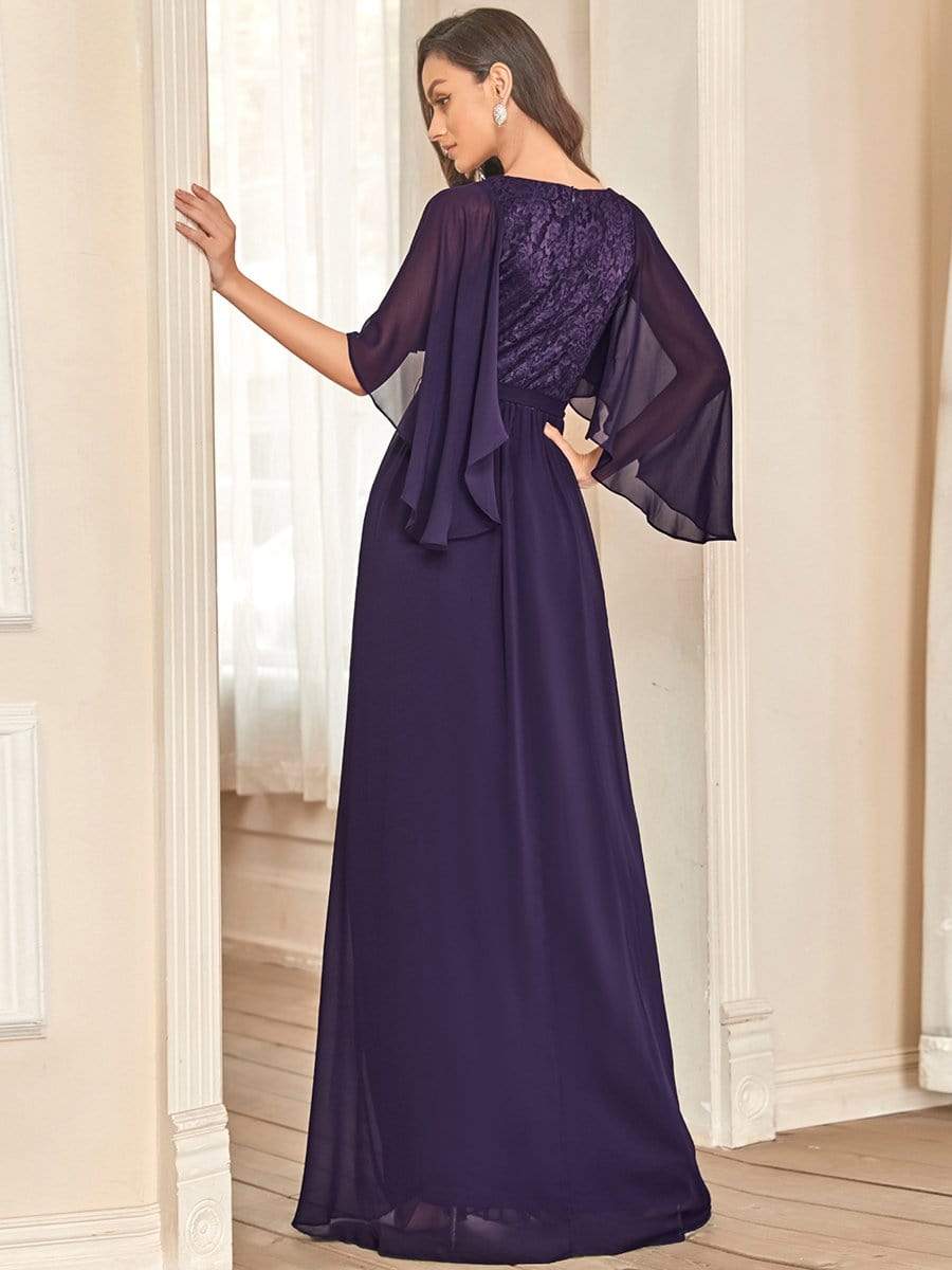 Robe de soirée élégante en mousseline de soie à col en V profond #Couleur_Violet Fonce