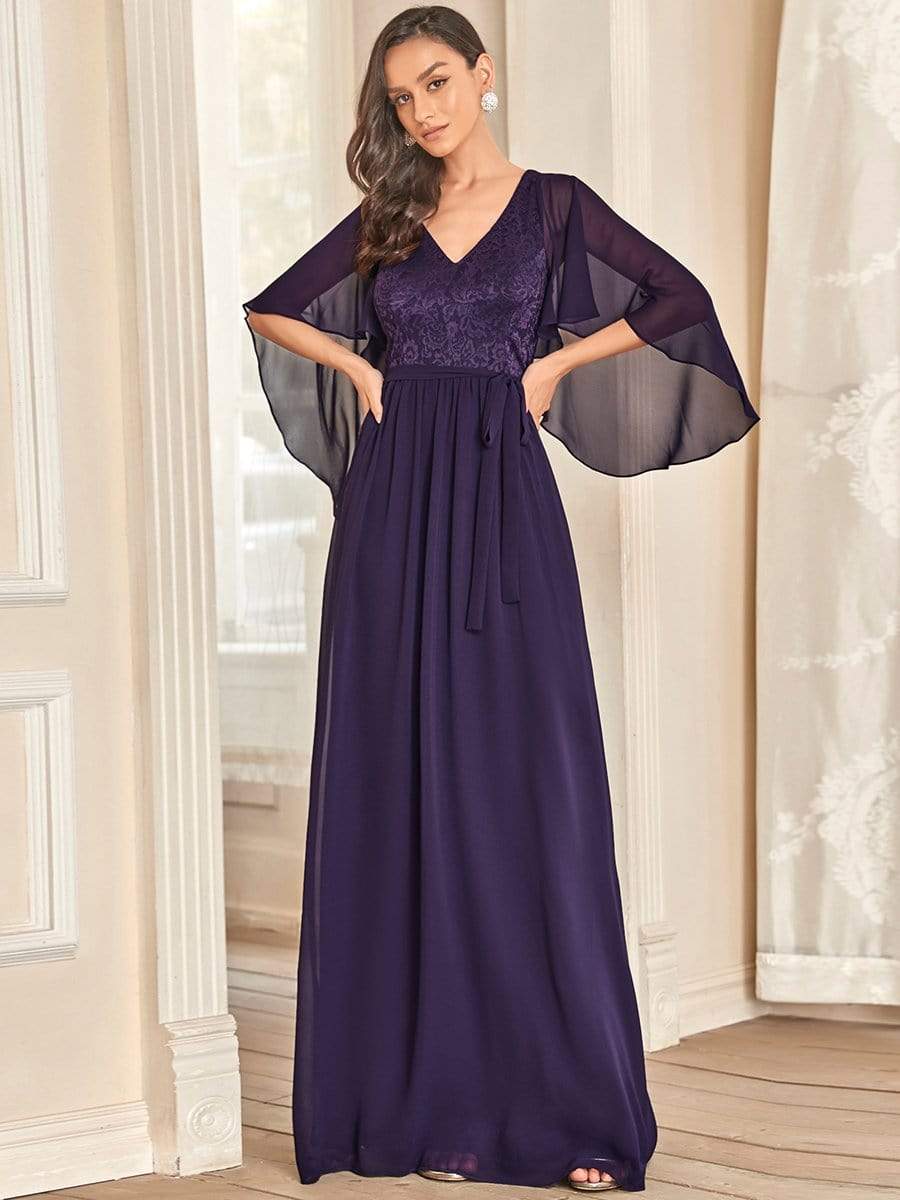 Robe de soirée élégante en mousseline de soie à col en V profond #Couleur_Violet Fonce