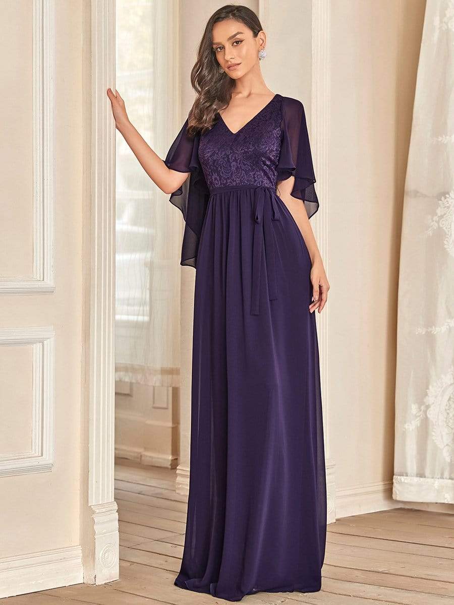 Robe de soirée élégante en mousseline de soie à col en V profond #Couleur_Violet Fonce