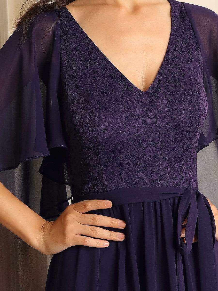 Robe de soirée élégante en mousseline de soie à col en V profond #Couleur_Violet Fonce