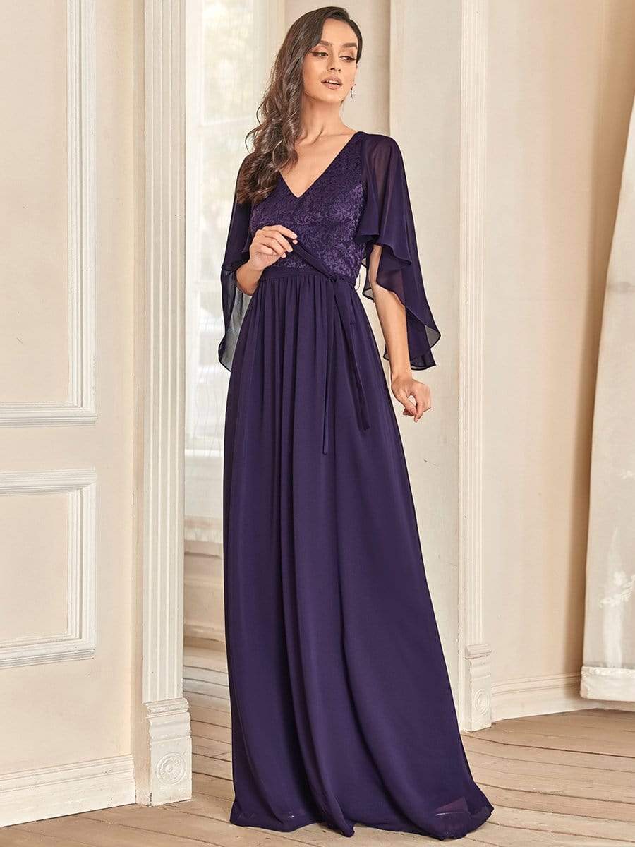 Taille personnalisée Robe de soirée élégante en mousseline à col en V profond #Couleur_Violet Fonce