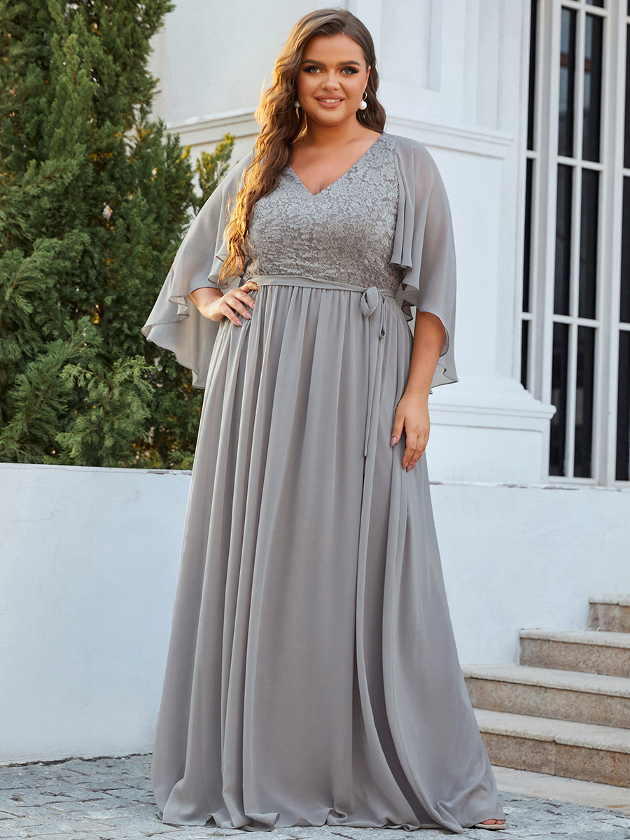 Robe de Soirée Grande Taille à Col en V Profond avec Dentelle #Couleur_Gris