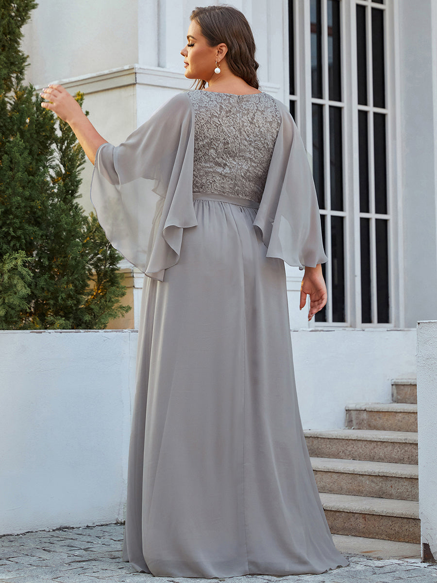 Robe de Soirée Grande Taille à Col en V Profond avec Dentelle #Couleur_Gris