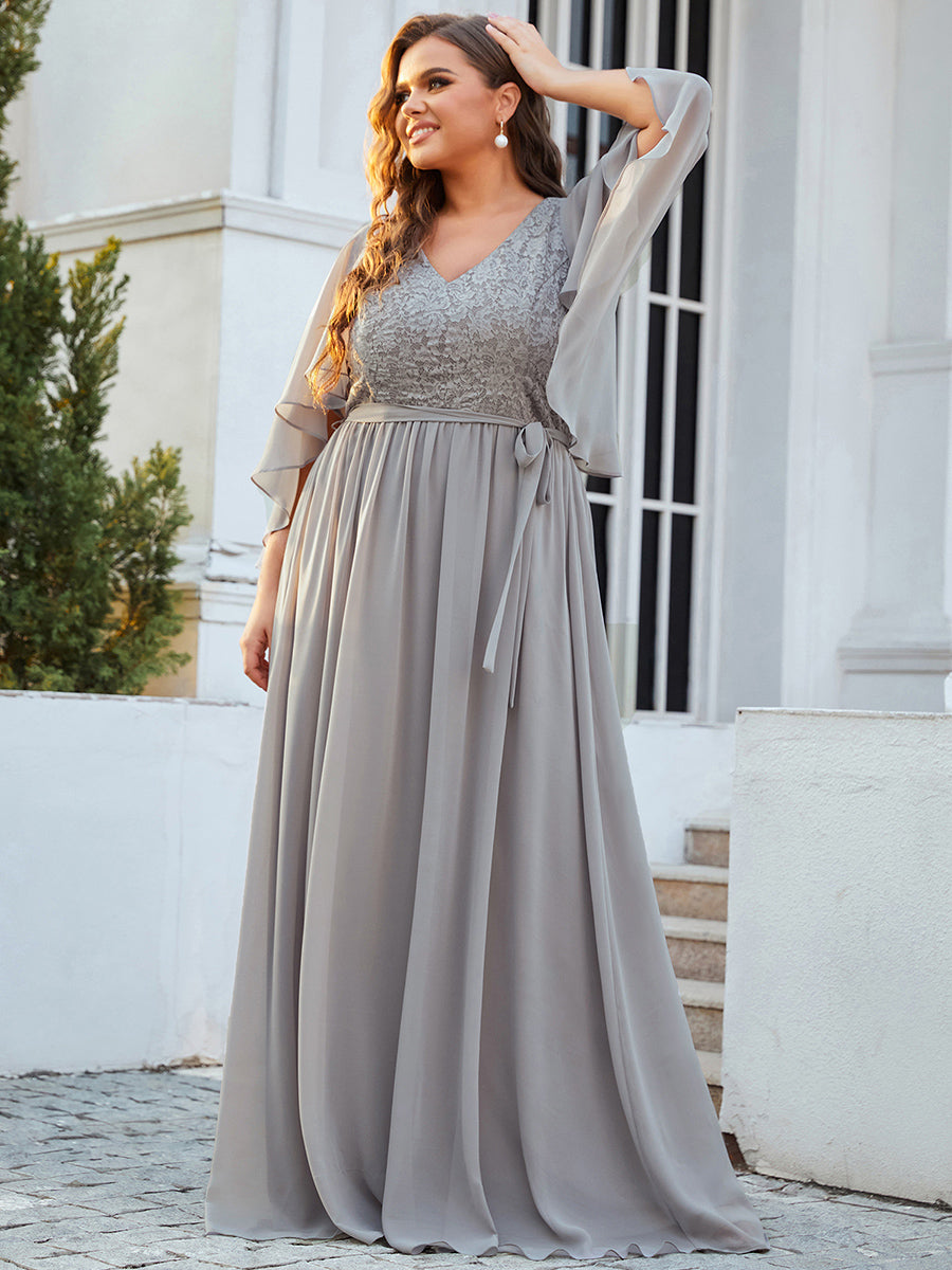 Robe de Soirée Grande Taille à Col en V Profond avec Dentelle #Couleur_Gris